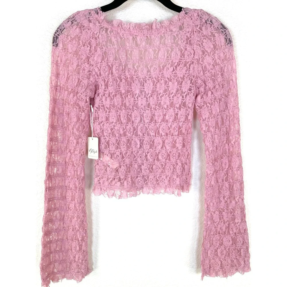 Free People FP One Madison Lace Top Pink Sheer Smocked Bell Sleeve XS‎ NWT